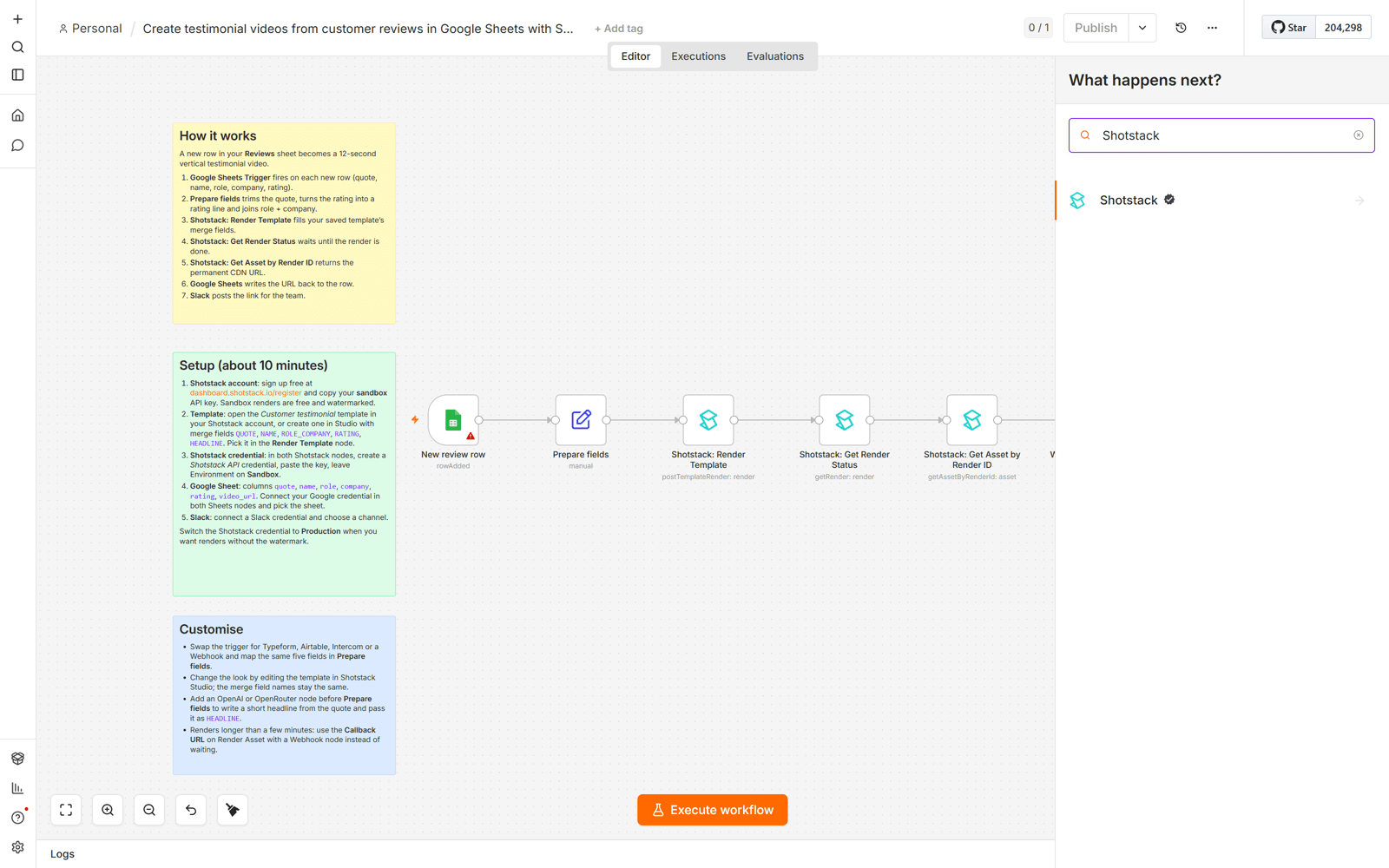 n8n nodes panel with Shotstack typed in the search box and the verified Shotstack node in the results