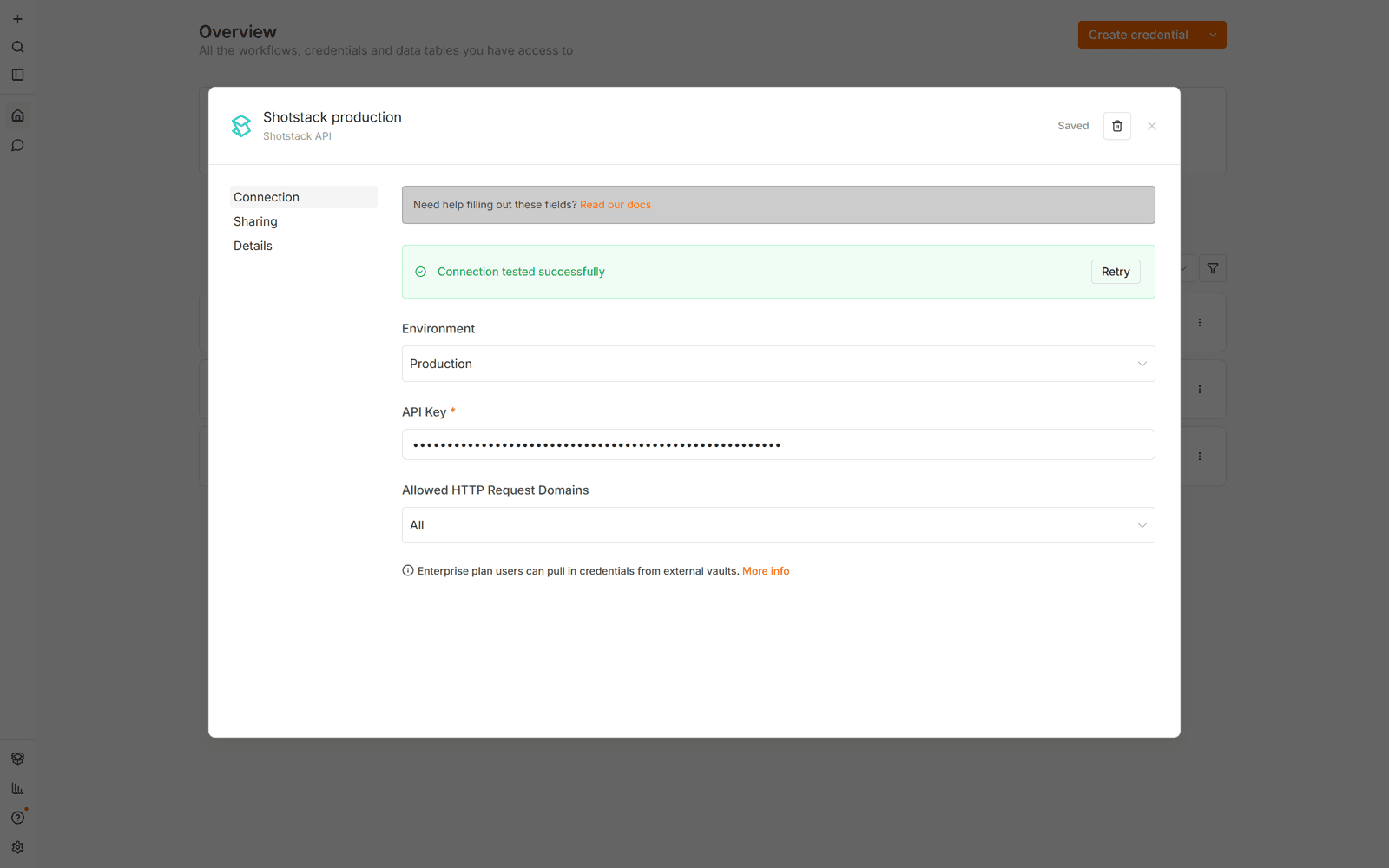 Shotstack API credential in n8n with Environment set to Production and a green Connection tested successfully banner