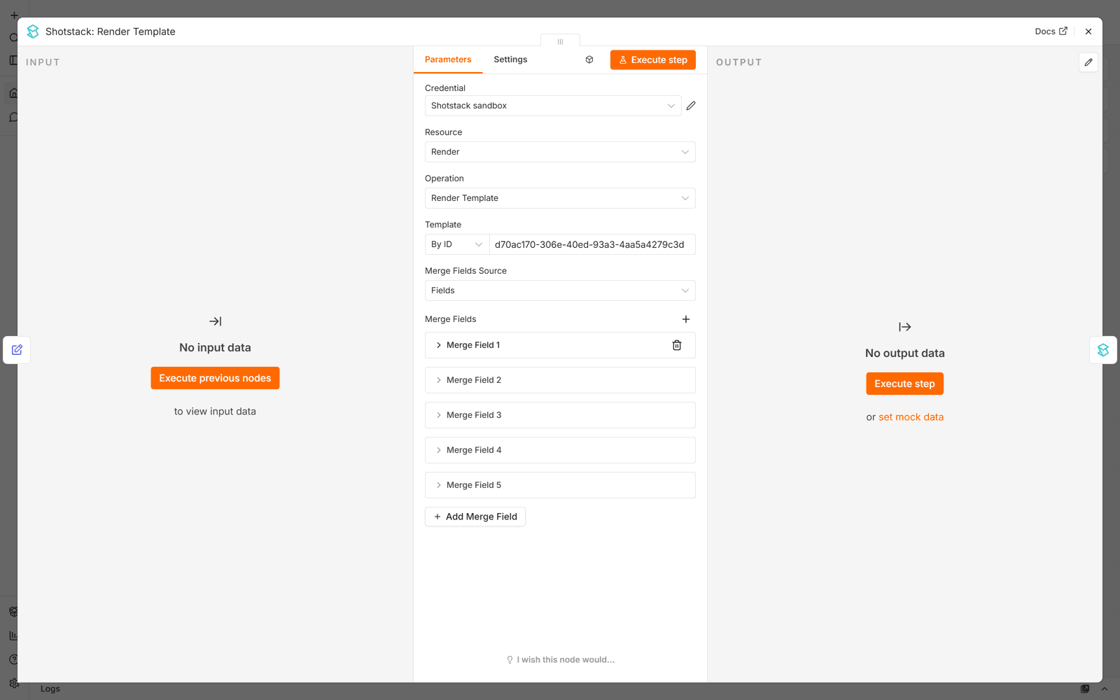 Shotstack Render Template node in n8n showing the Template field, Merge Fields Source set to Fields and the merge field rows