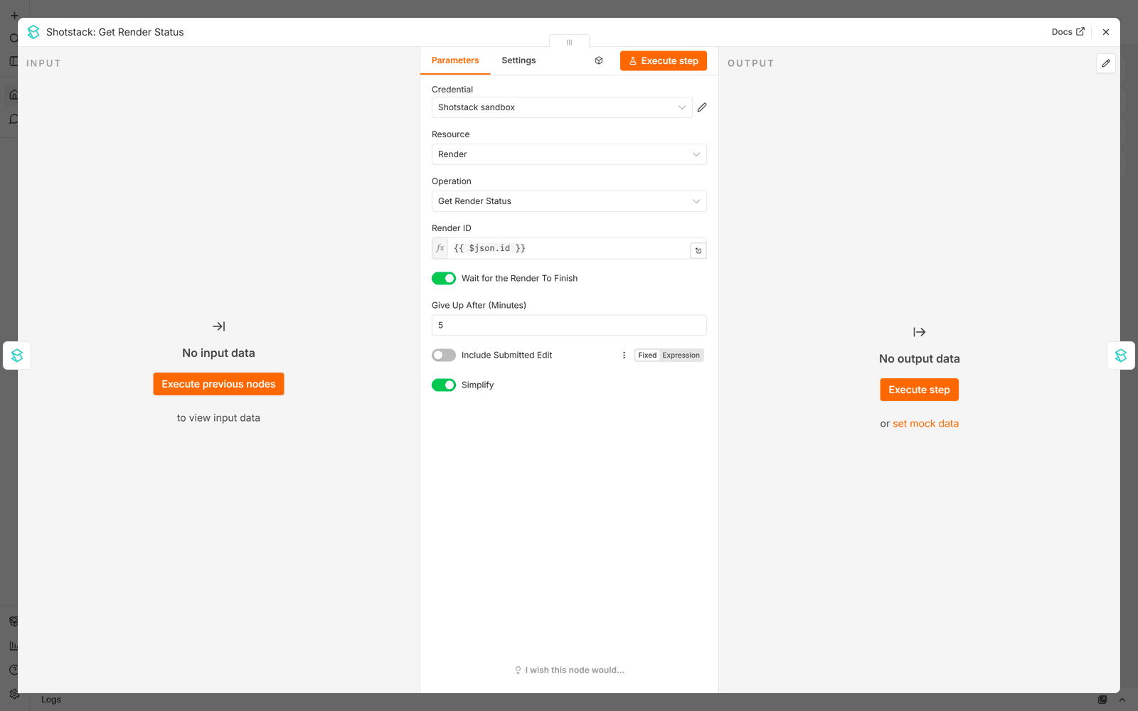 Shotstack Get Render Status node in n8n with Render ID set to an expression, Wait for the Render To Finish switched on and Give Up After set to 5 minutes