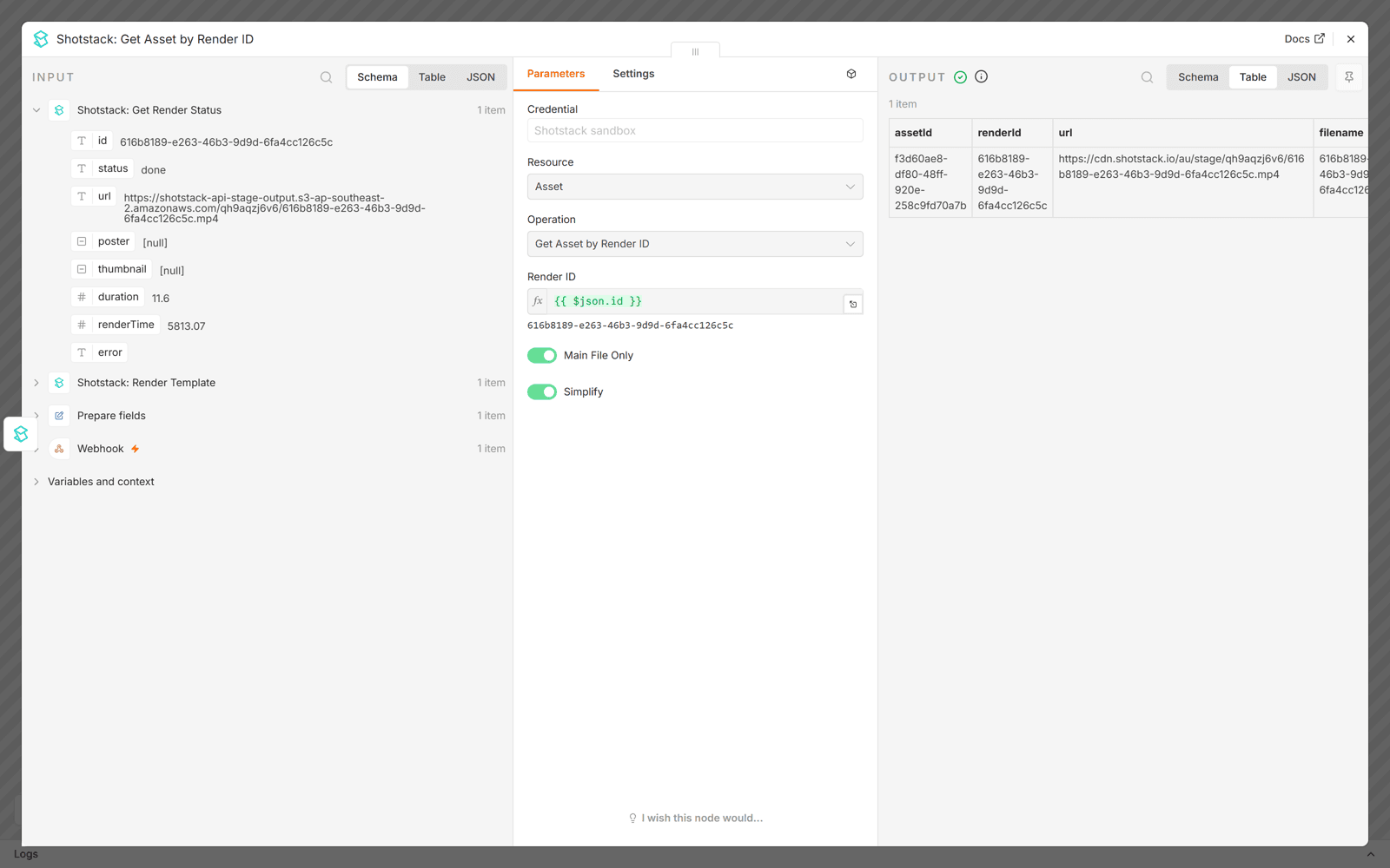 Get Asset by Render ID node in n8n after a run, with the input from Get Render Status on the left and the output table showing the permanent cdn.shotstack.io URL on the right