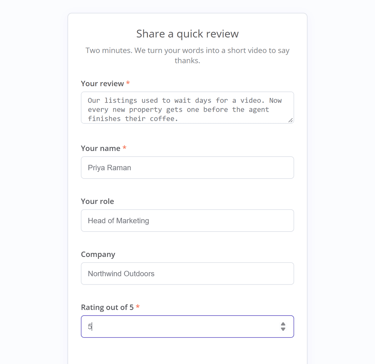 The hosted n8n review form with five fields: your review, your name, your role, company and rating out of 5, and a Send review button