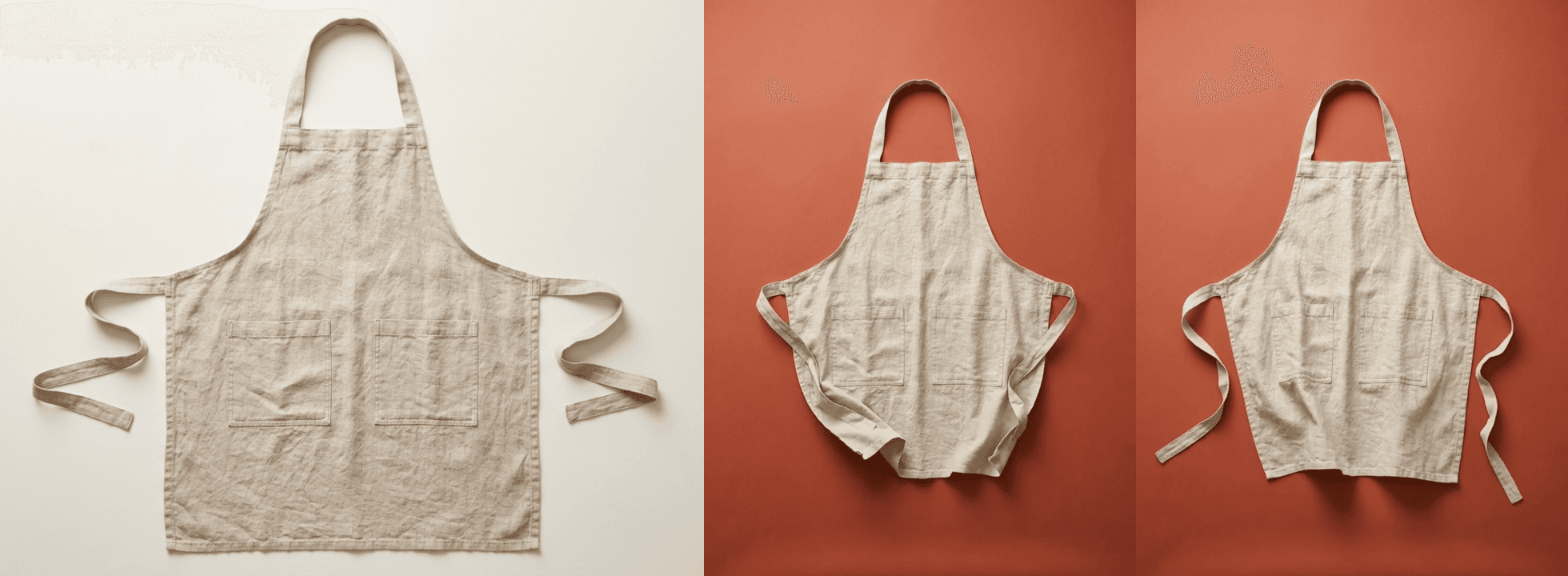 The linen apron packshot, a frame from the rejected clip where the apron's shape has changed, and the same moment in the clip that passed