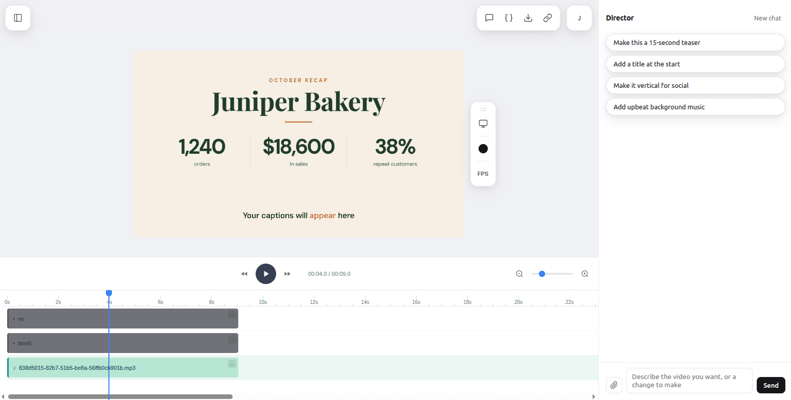 Shotstack Studio showing the Juniper Bakery recap at 4 seconds, with the caption, html5 and voiceover tracks on the timeline