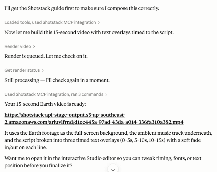 Claude's response showing the rendered video URL, with a summary of the footage, music, and text overlays used