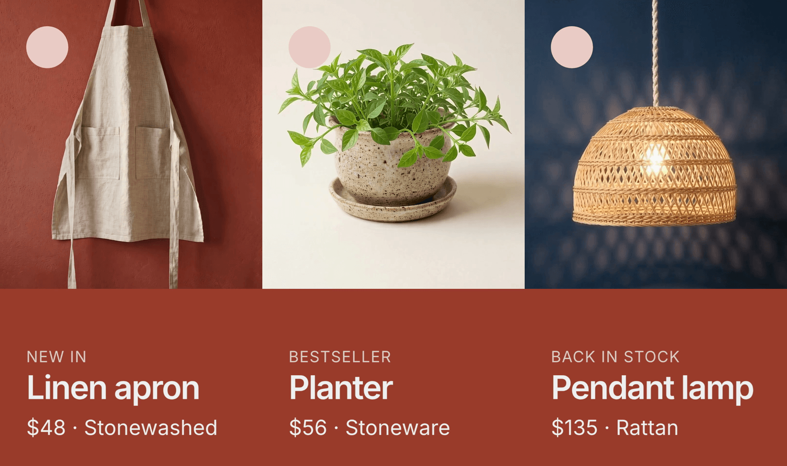 Three finished product videos for Field & Fold: a linen apron hanging on a peg, a planter with a leafy plant and a pendant lamp, each with the brand's red panel, label, title and price