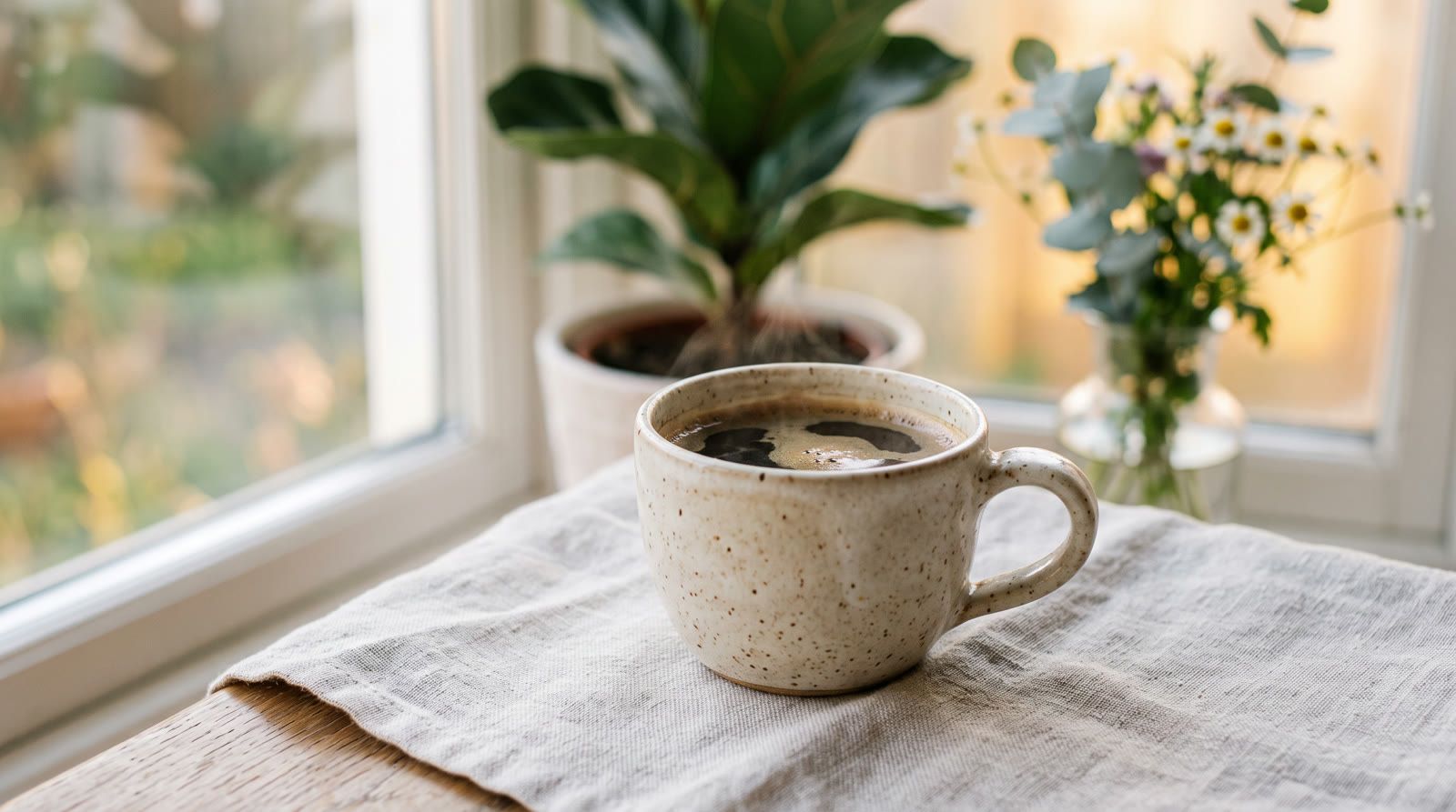 Generated image of a ceramic coffee cup on pale linen in soft morning light