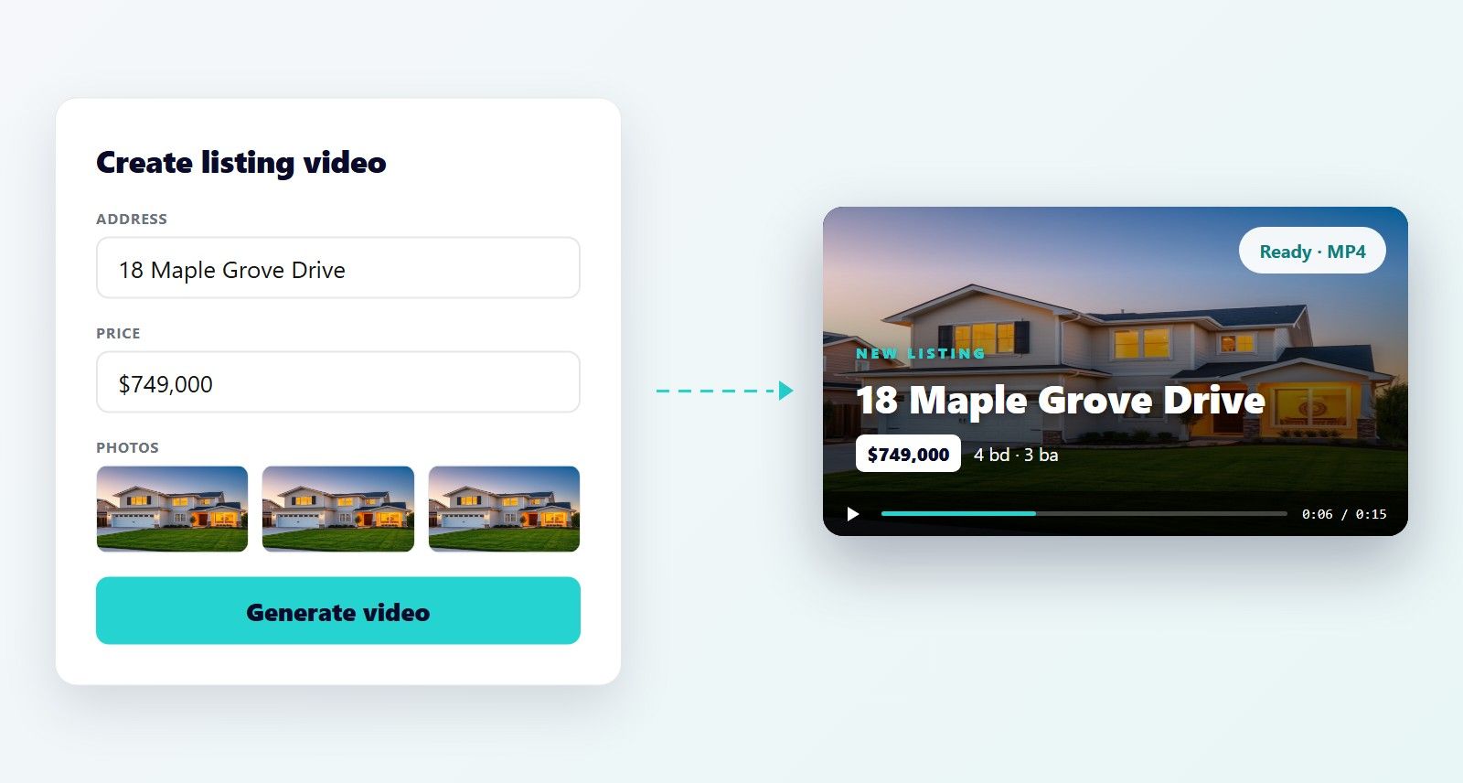 A listing form on the left and the rendered property video it produced on the right