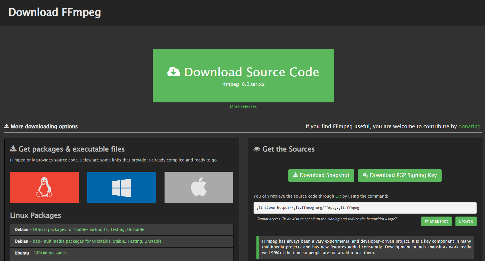 Screenshot of the FFmpeg download page