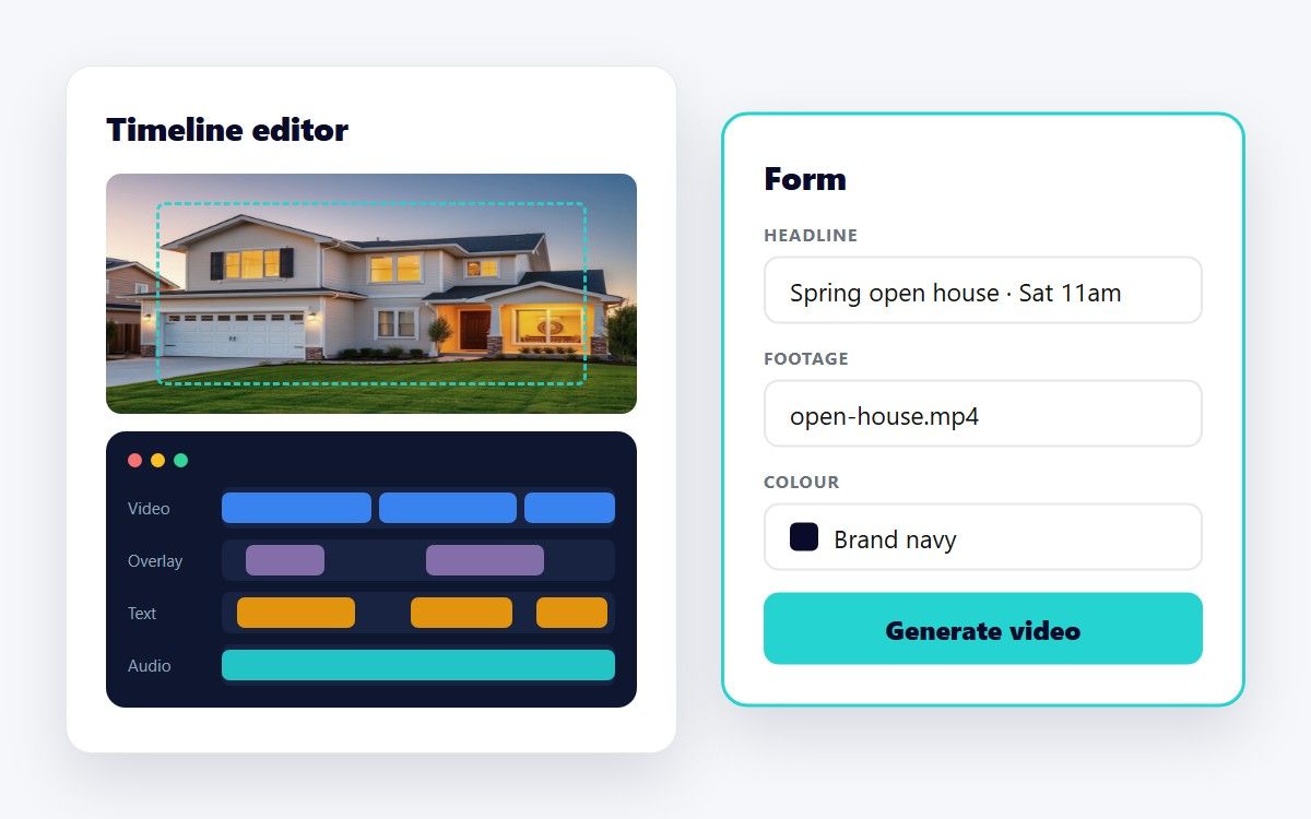 A multi-track timeline editor next to a four-field form with a Generate button