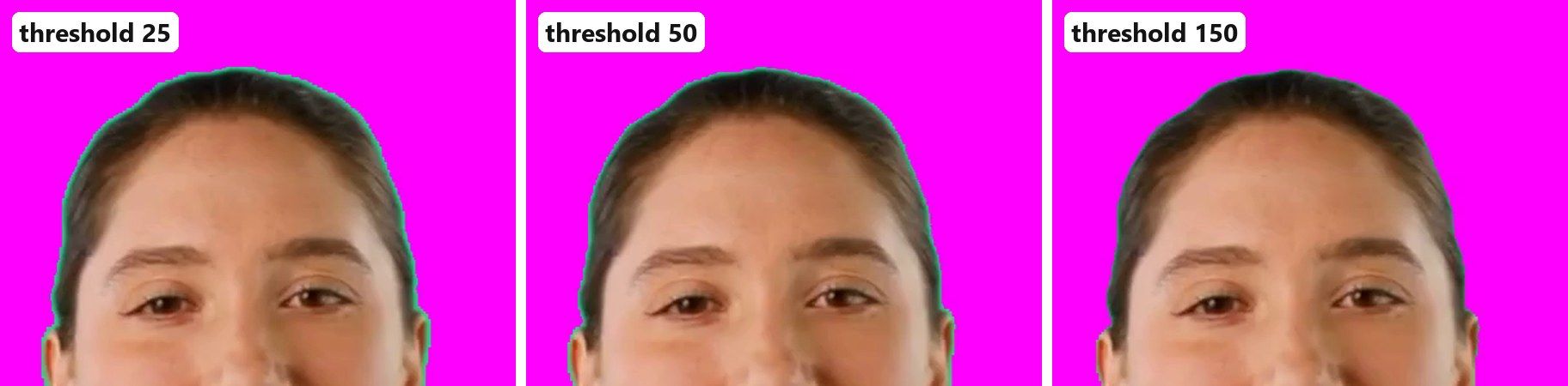 The same frame keyed at threshold 25, 50 and 150 over magenta: a teal outline around the hair at 25, a thinner one at 50, none at 150