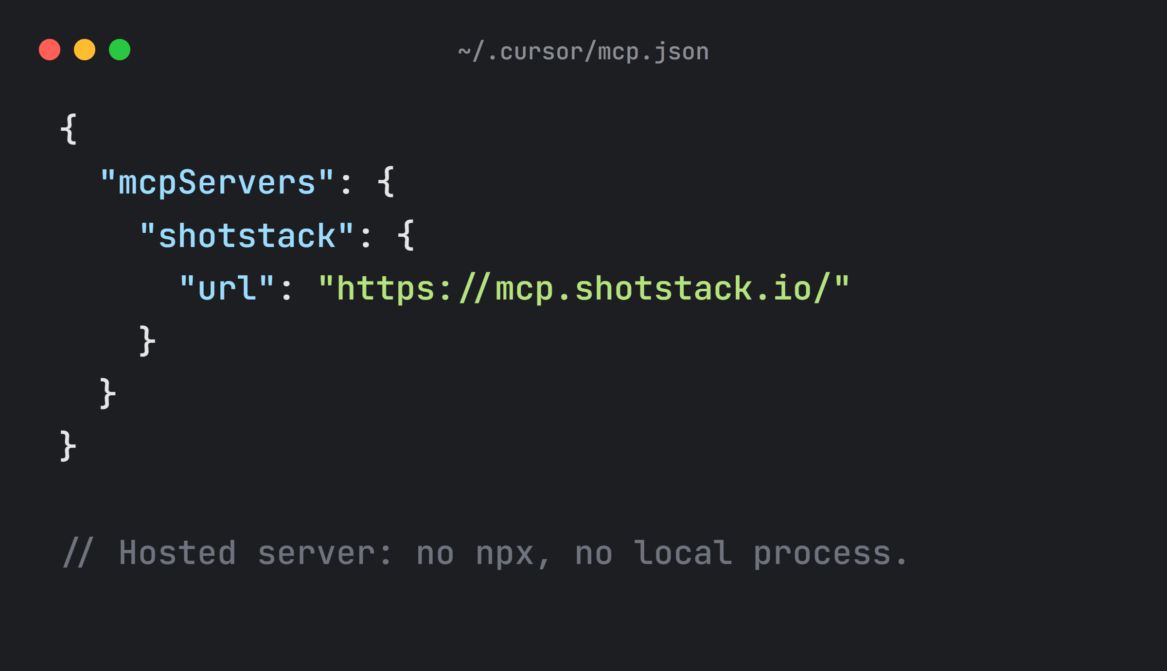 Cursor config connecting to the hosted Shotstack MCP server