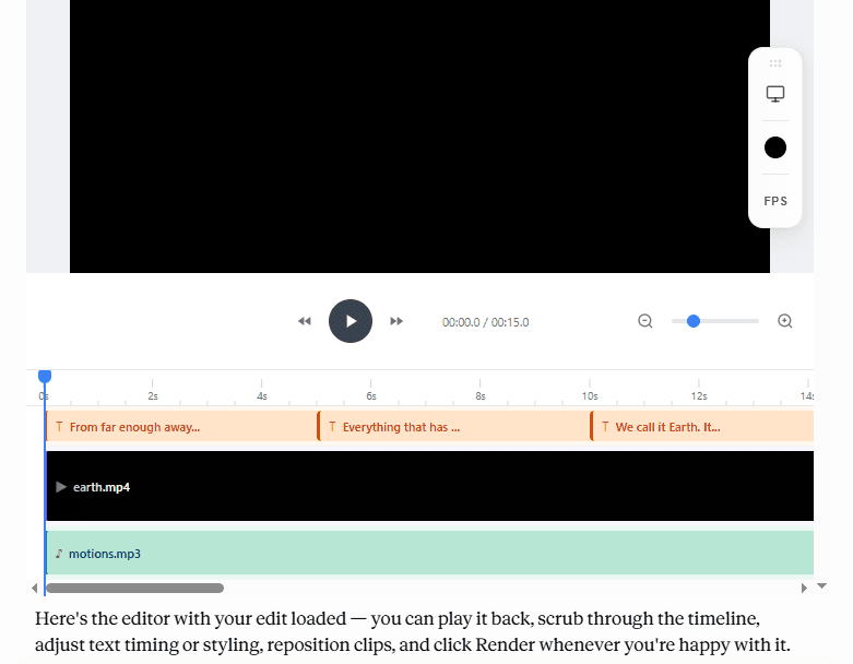 The Studio editor embedded in the Claude Desktop chat window, with the timeline loaded