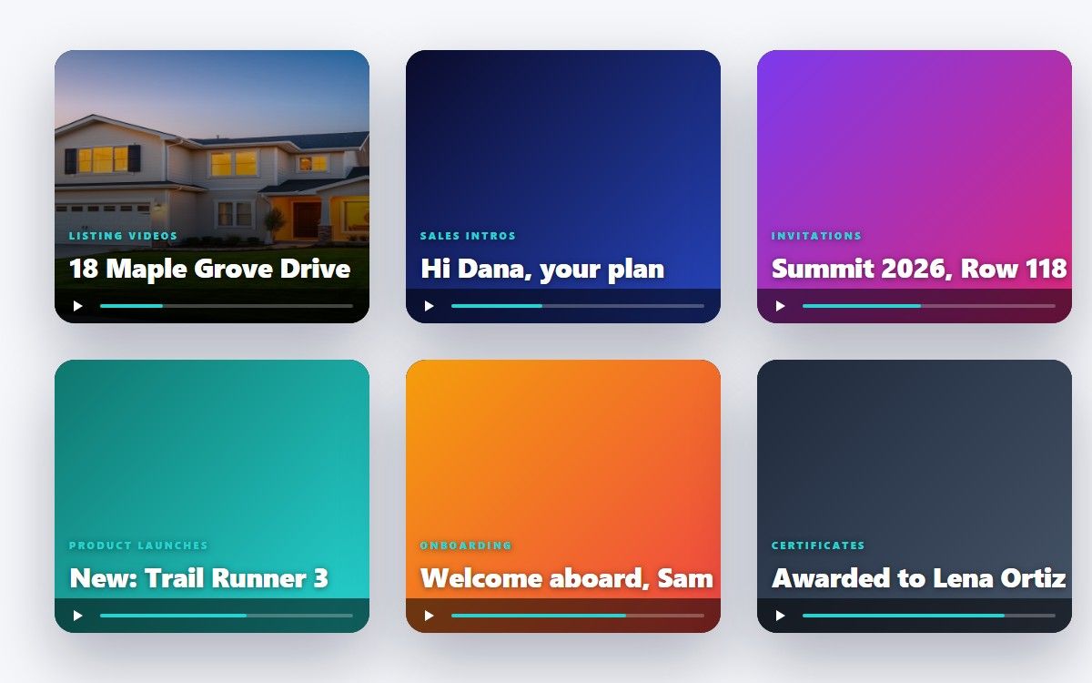 Six example videos from one form template: listings, sales intros, invitations, launches, onboarding