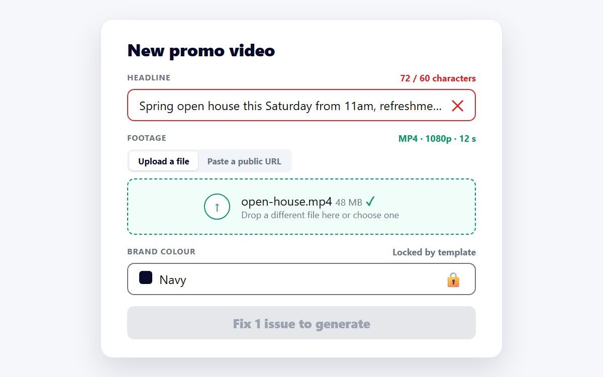 A form with a too-long headline flagged, a verified footage URL, and a locked brand color