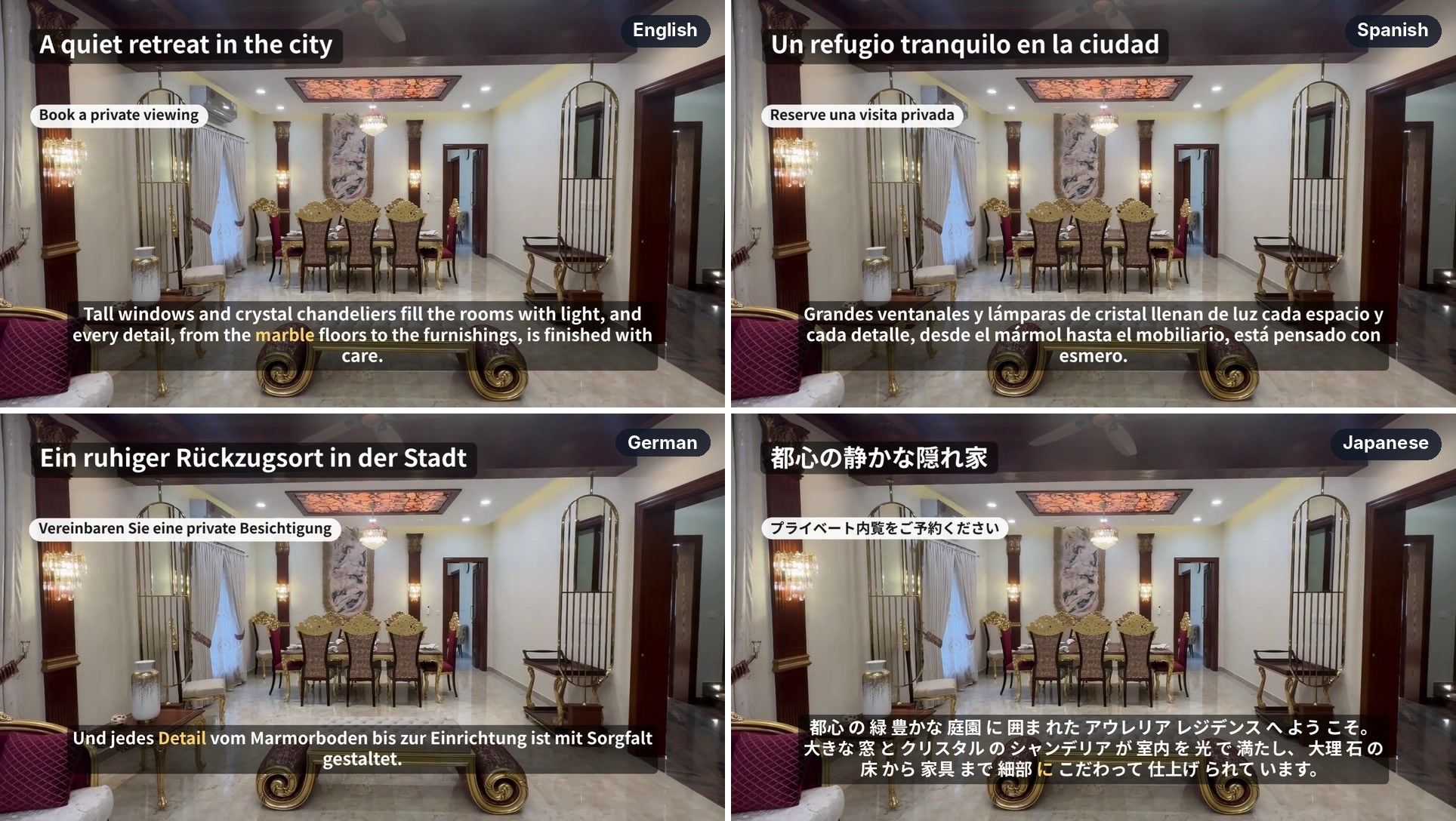 The same moment in the English, Spanish, German and Japanese videos, each with its own headline, call to action and captions