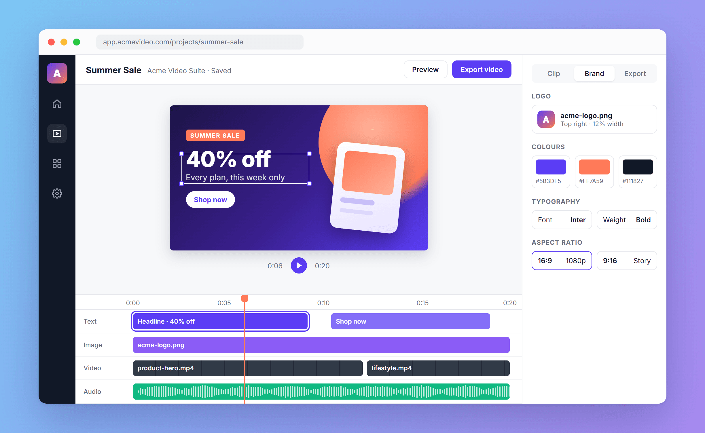 White-label video editor embedded in a customer app, styled in their brand