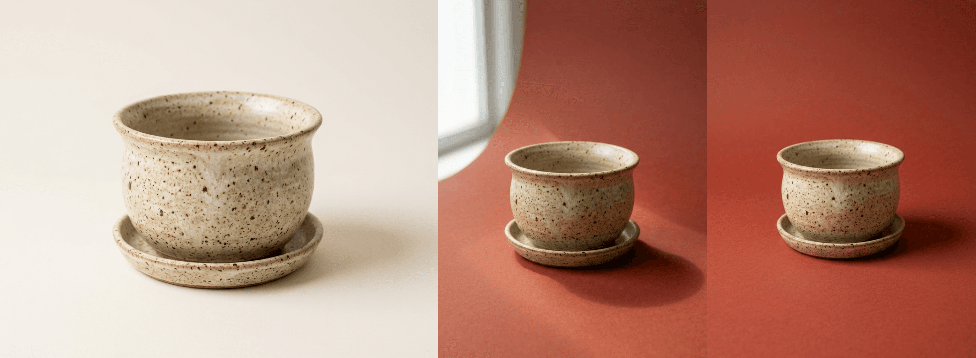The planter packshot, a generated shot of the planter with a window in the background, and the clean shot after the prompt and check were fixed
