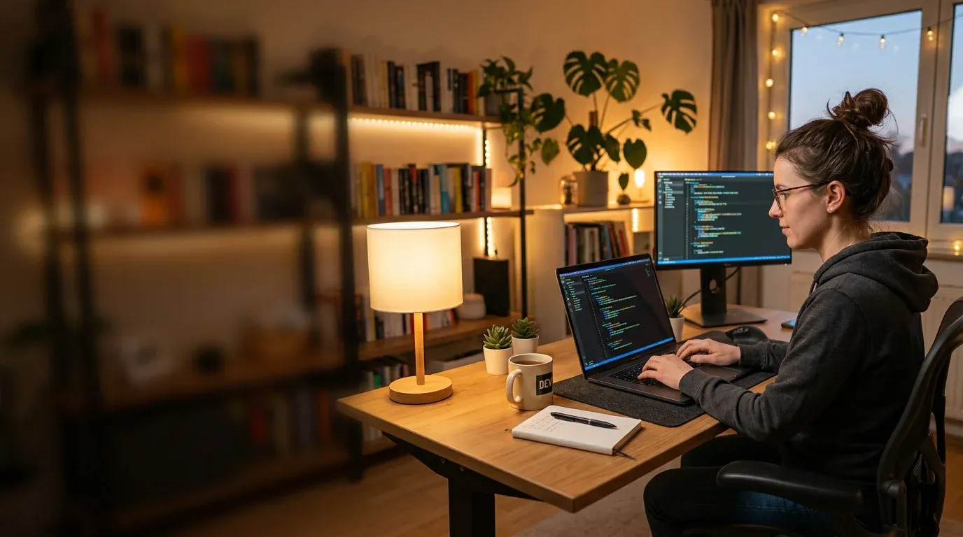 AI-generated YouTube thumbnail of a developer at a desk